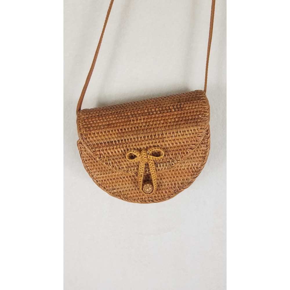 Rattan Crossbody Bag Womens Small Brown New Woven Bow Detail Vietnam leather